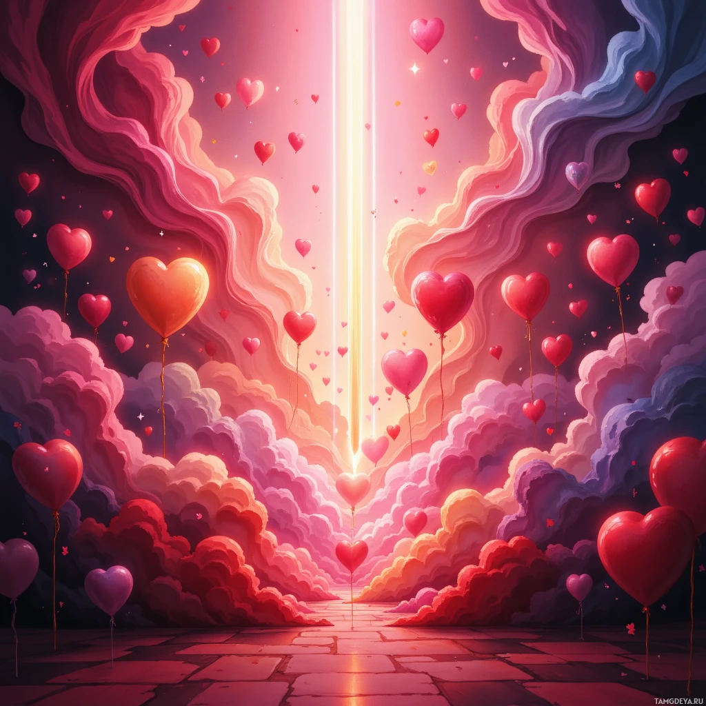 A vibrant, heart-themed scene with floating heart balloons and a radiant light beam.