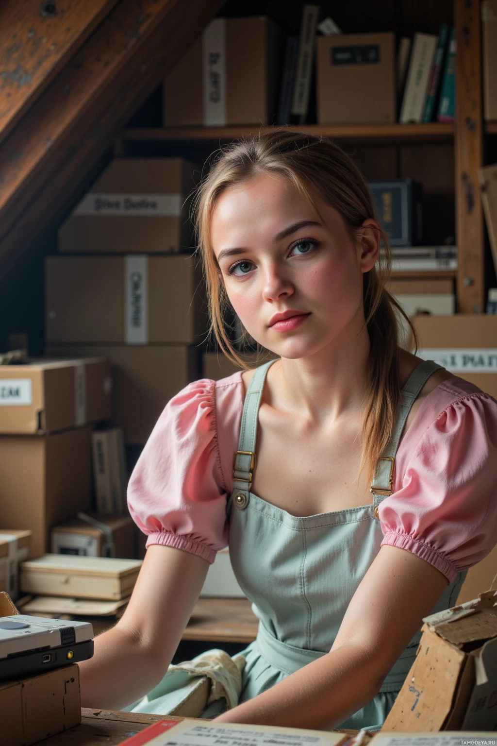 A young woman in a pink top and green overalls sits in a room with stacked boxes and books.