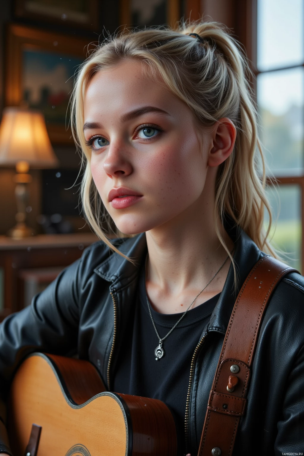A young woman with blonde hair in a ponytail, wearing a black leather jacket and a necklace, holds an acoustic guitar.
