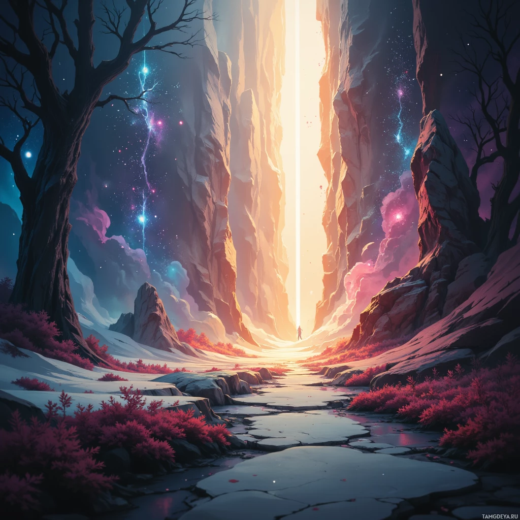 A surreal landscape featuring towering rock formations, glowing celestial bodies, and vibrant pink vegetation.