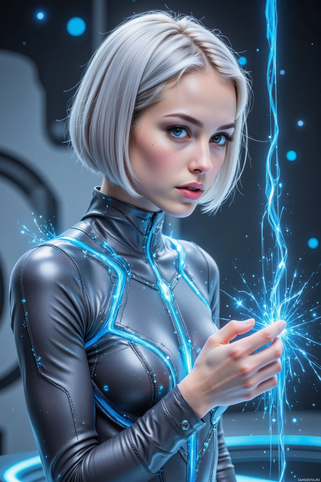 A futuristic woman in a sleek, metallic outfit with glowing blue energy lines.
