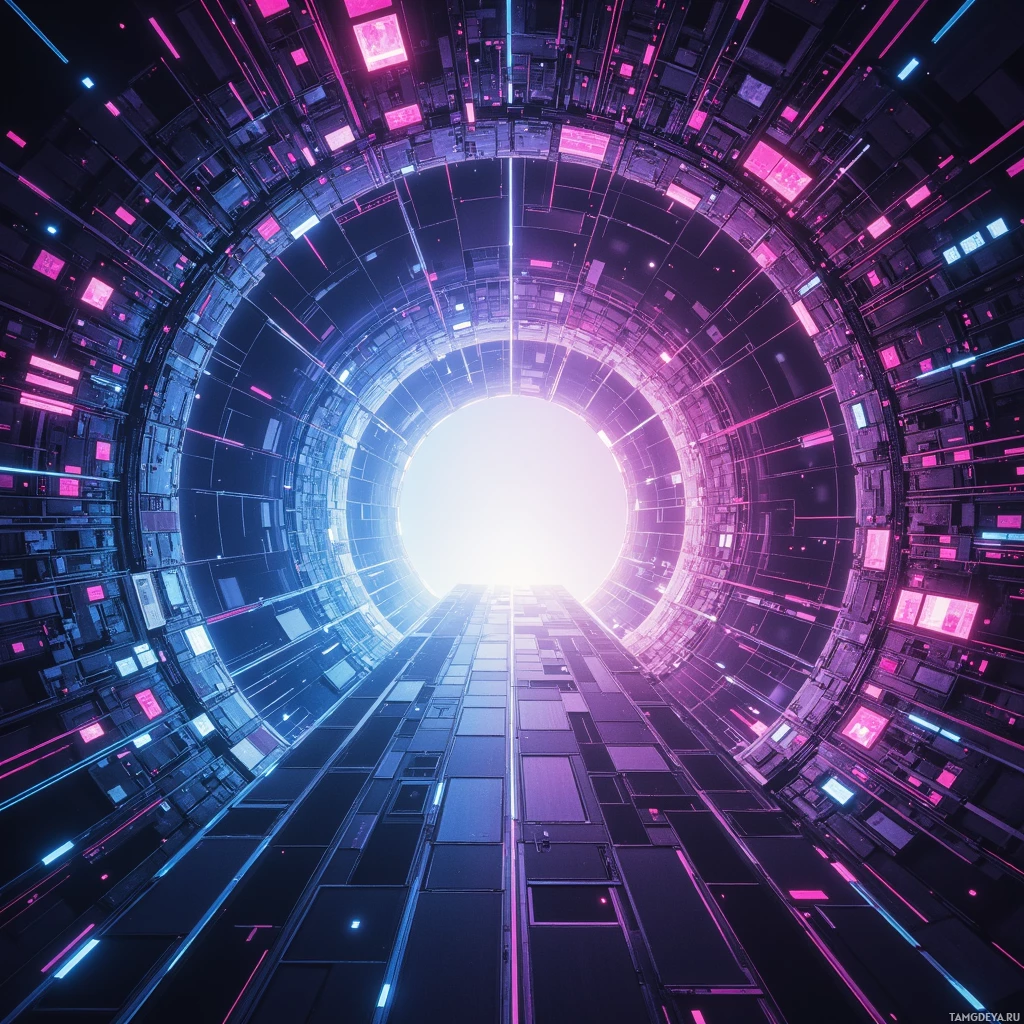 A futuristic, neon-lit tunnel with glowing panels and a bright light at the end.