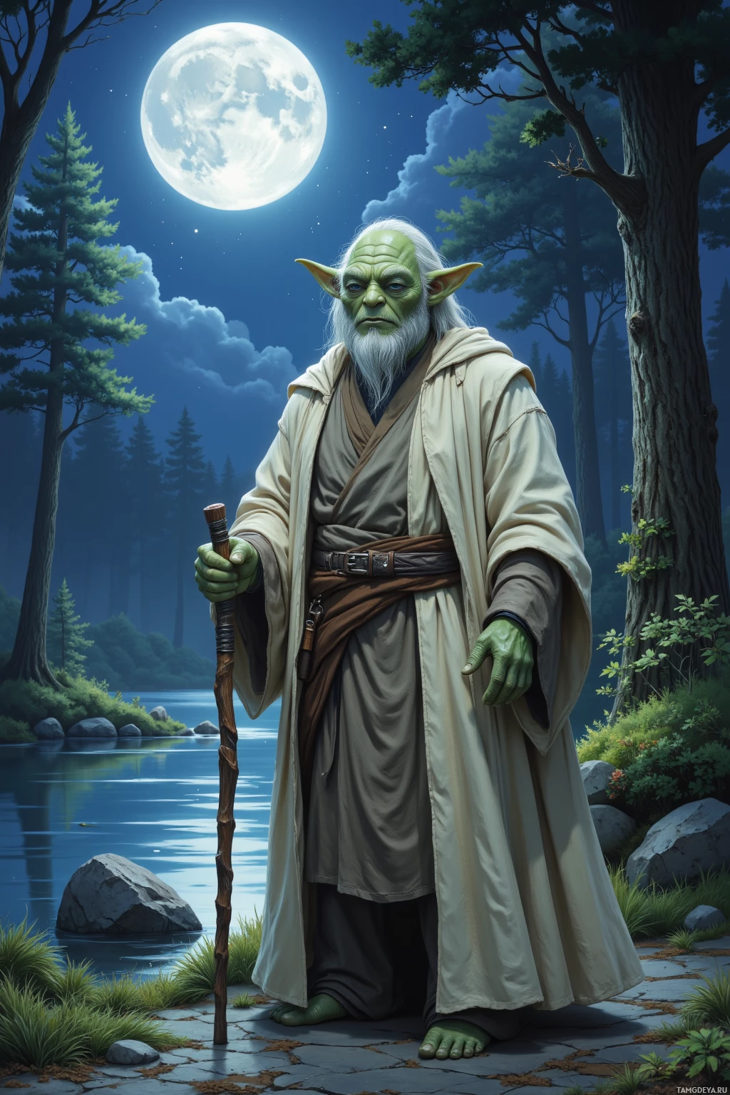 A wise, green-skinned figure in a robe stands by a serene river under a full moon.