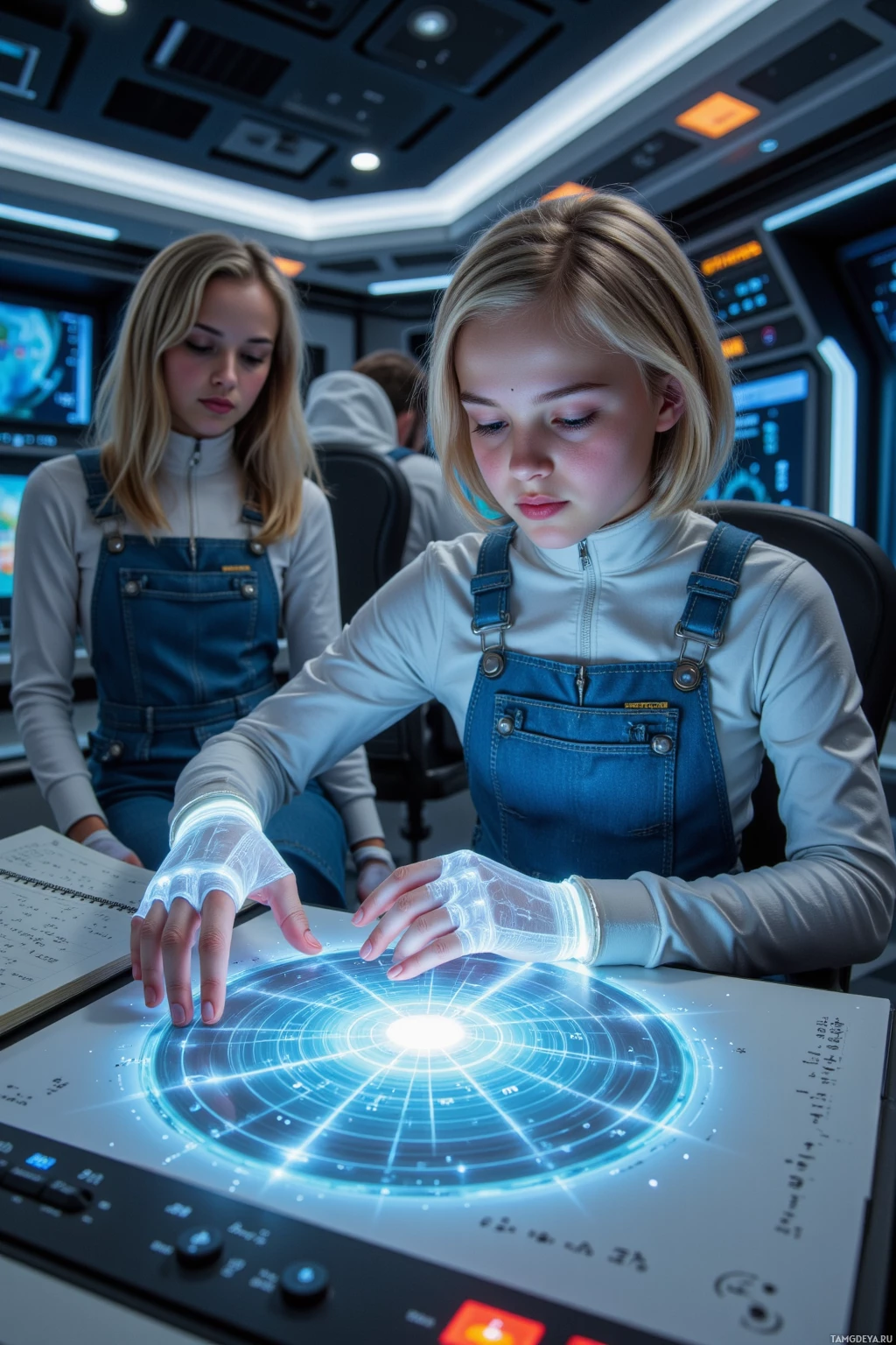 Two individuals in a futuristic setting interact with a glowing, high-tech interface.