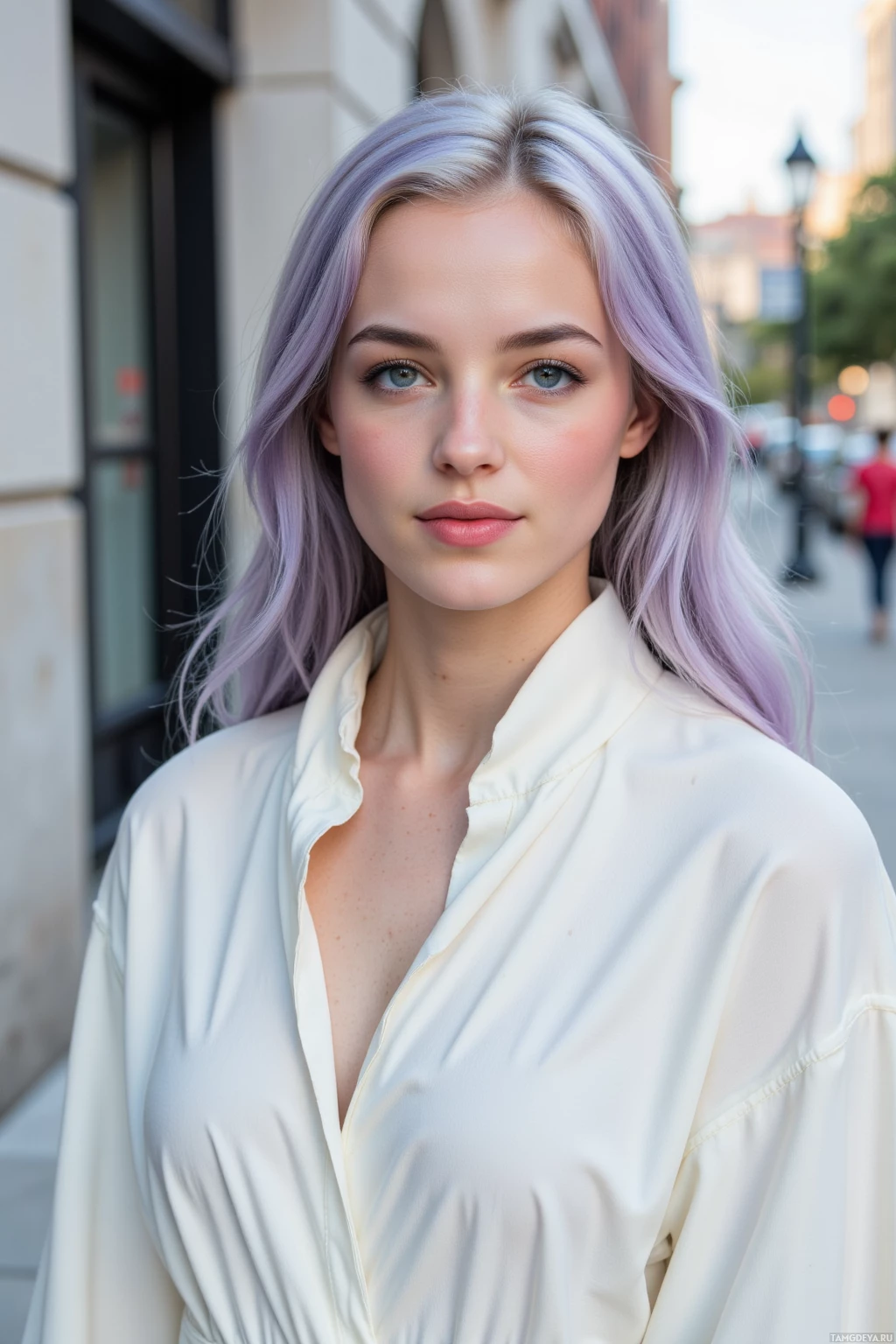 A person with light purple hair and a white blouse stands on a street.