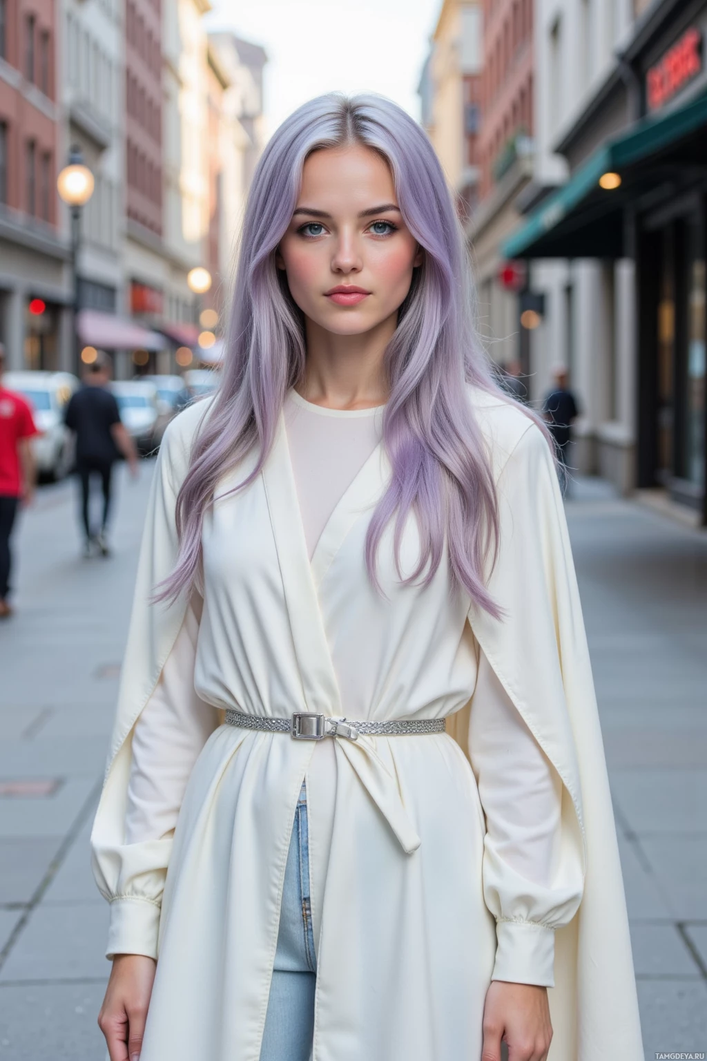 A person with long, light purple hair stands on a city street, wearing a cream-colored coat and a belt.