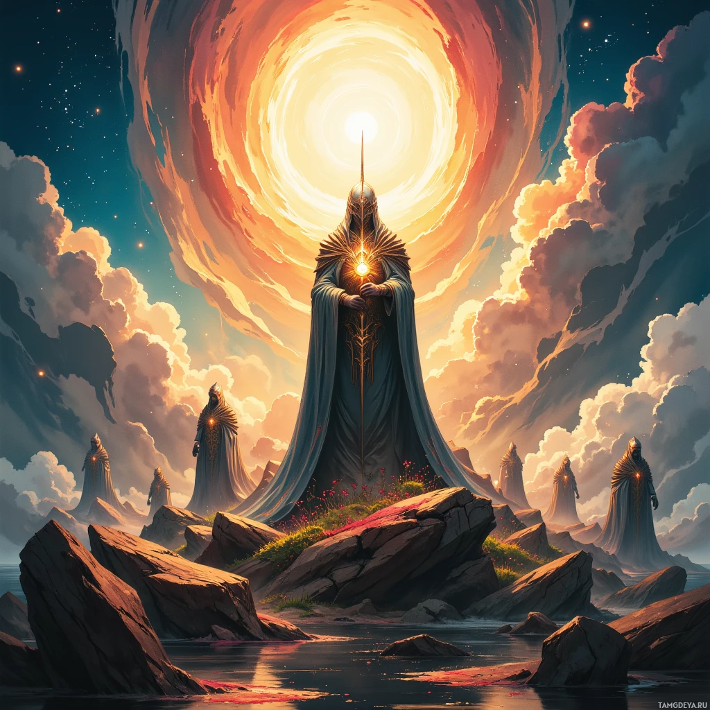 A group of figures in flowing robes stand on rocky terrain under a swirling, radiant sky.