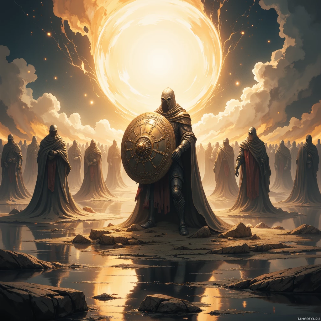 A group of cloaked figures stands in a serene landscape under a glowing celestial body.