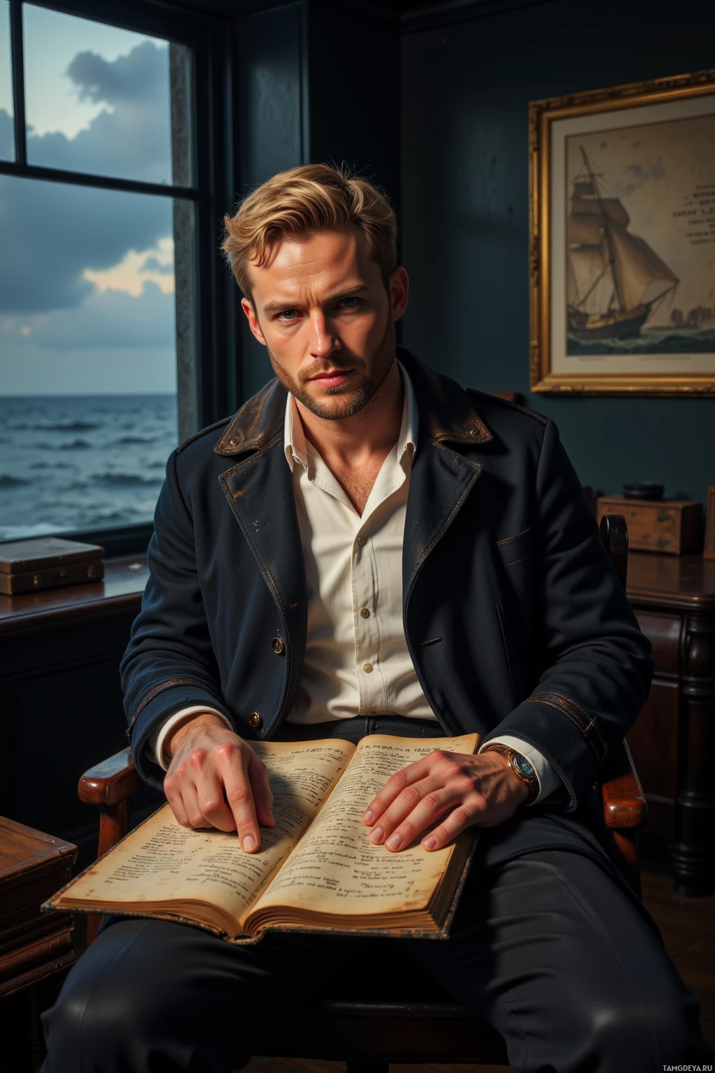 A man in a navy jacket and white shirt sits in a chair, holding an open book.
