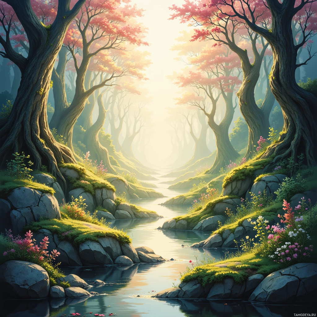 A serene forest scene with tall trees, a calm river, and blooming flowers.