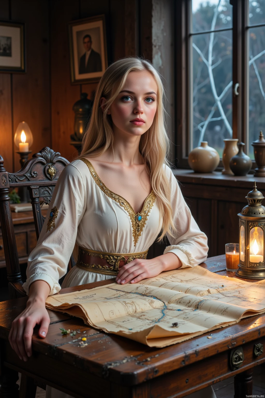 A woman in a historical-style dress sits at a wooden table with a map and a lit lantern.