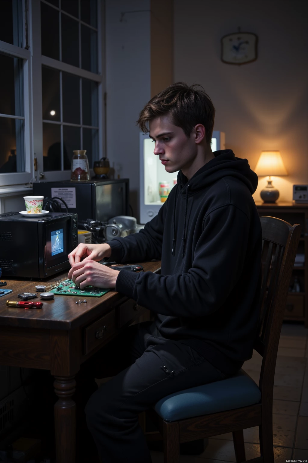 A person in a dark hoodie is seated at a desk, working on a circuit board.