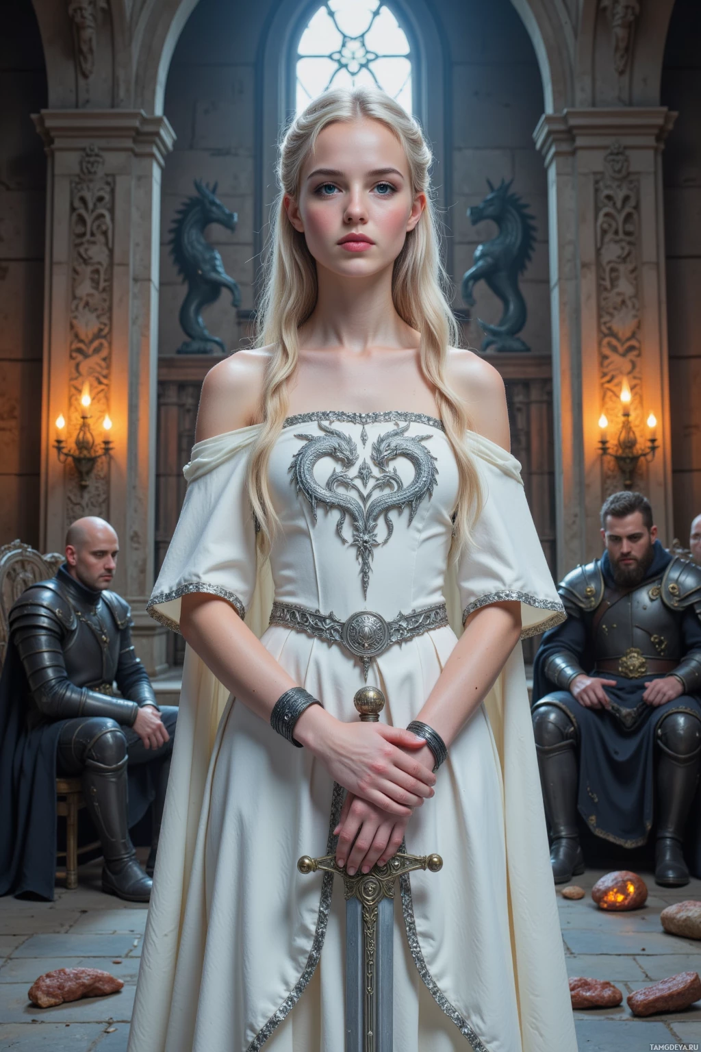 A woman in a white gown with intricate silver detailing stands in a grand hall, holding a sword, with two armored men seated in the background.