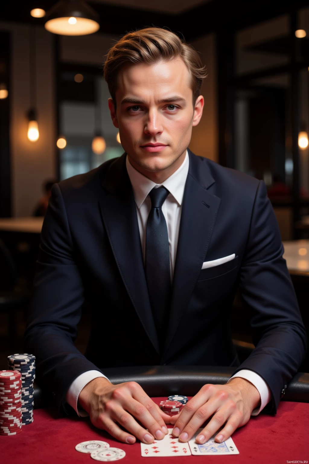 A man in a suit sits at a poker table with playing cards and chips.