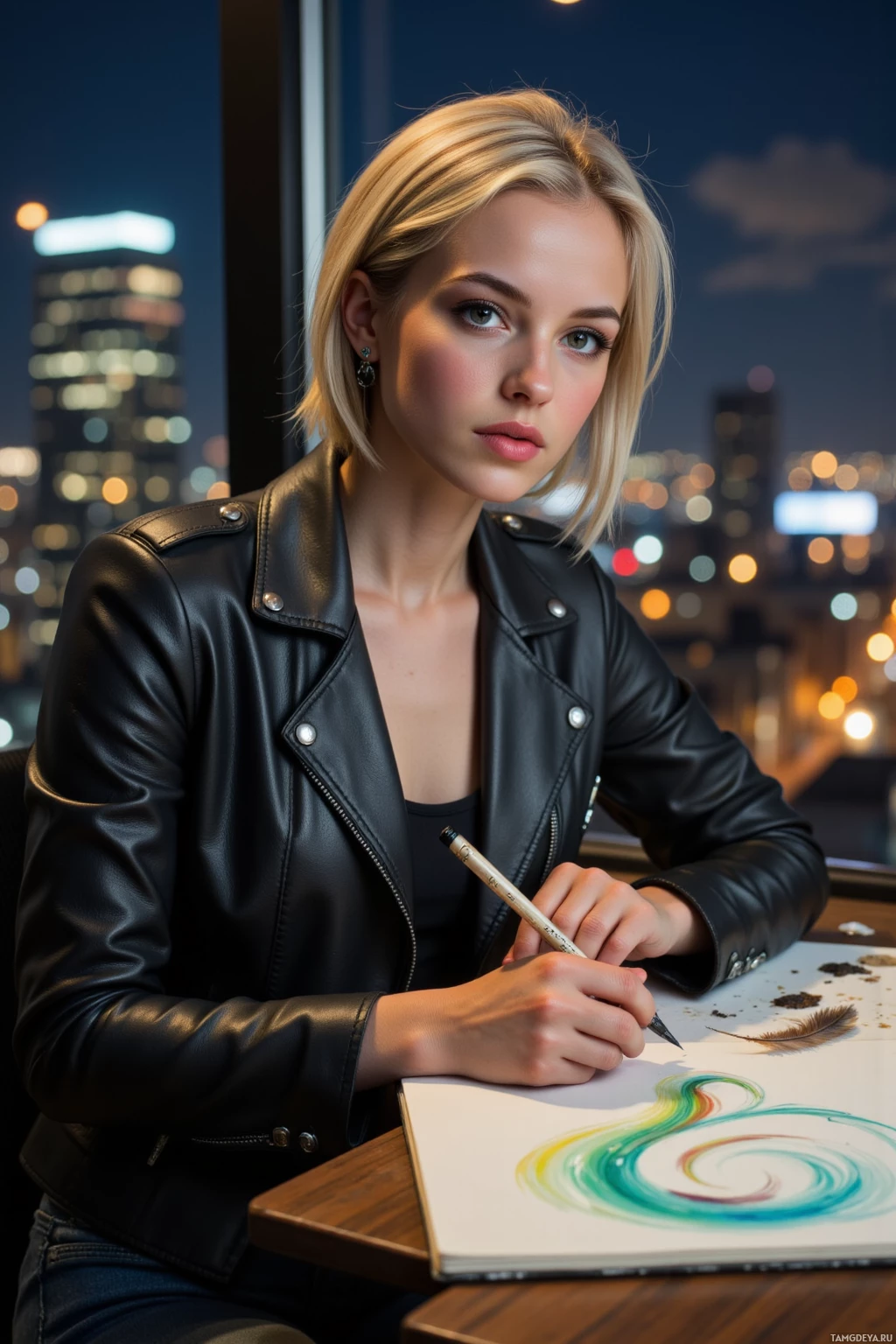 A woman in a leather jacket is drawing a colorful swirl on a canvas.
