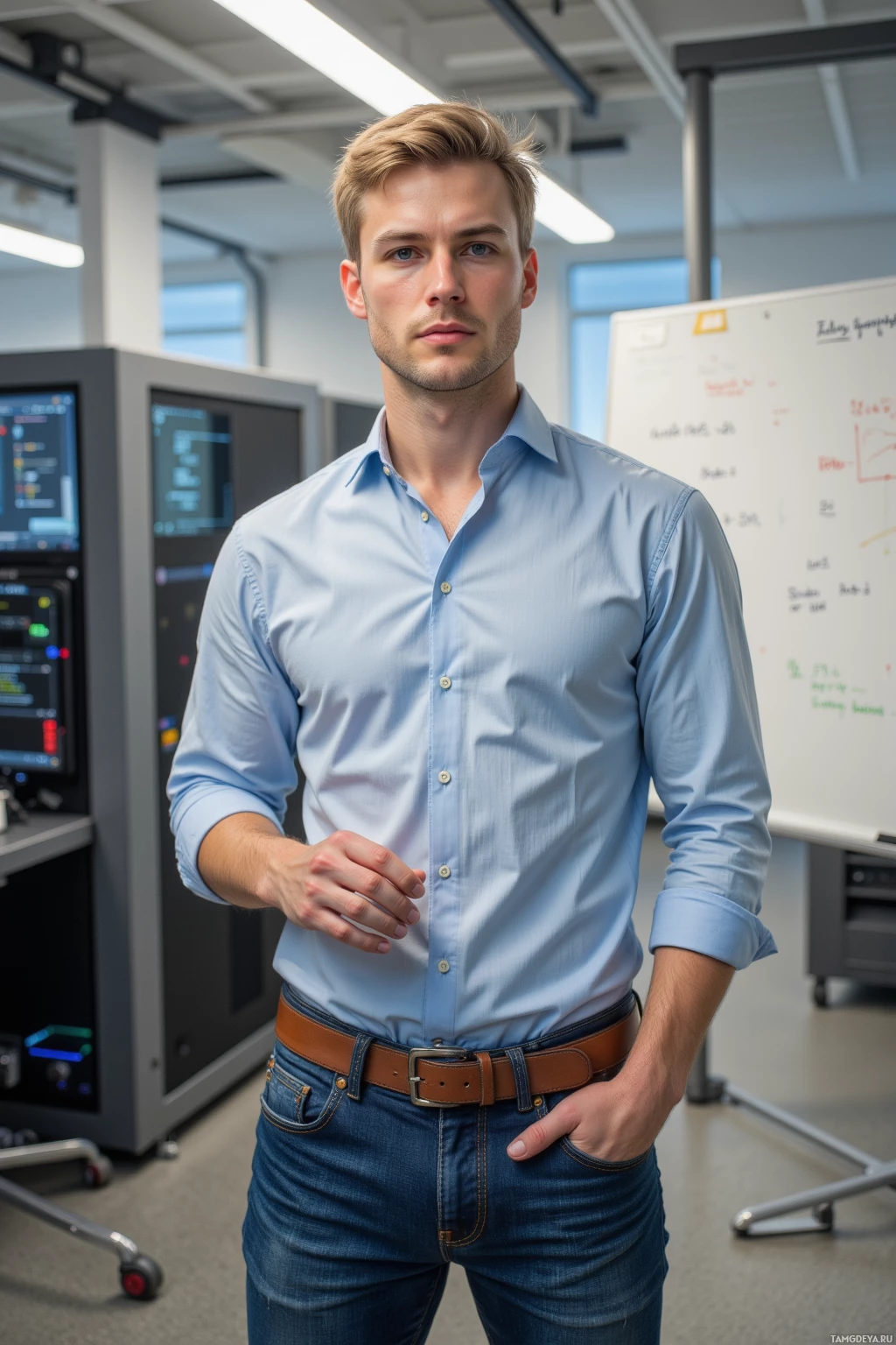 A man in a light blue shirt and jeans stands in an office setting.