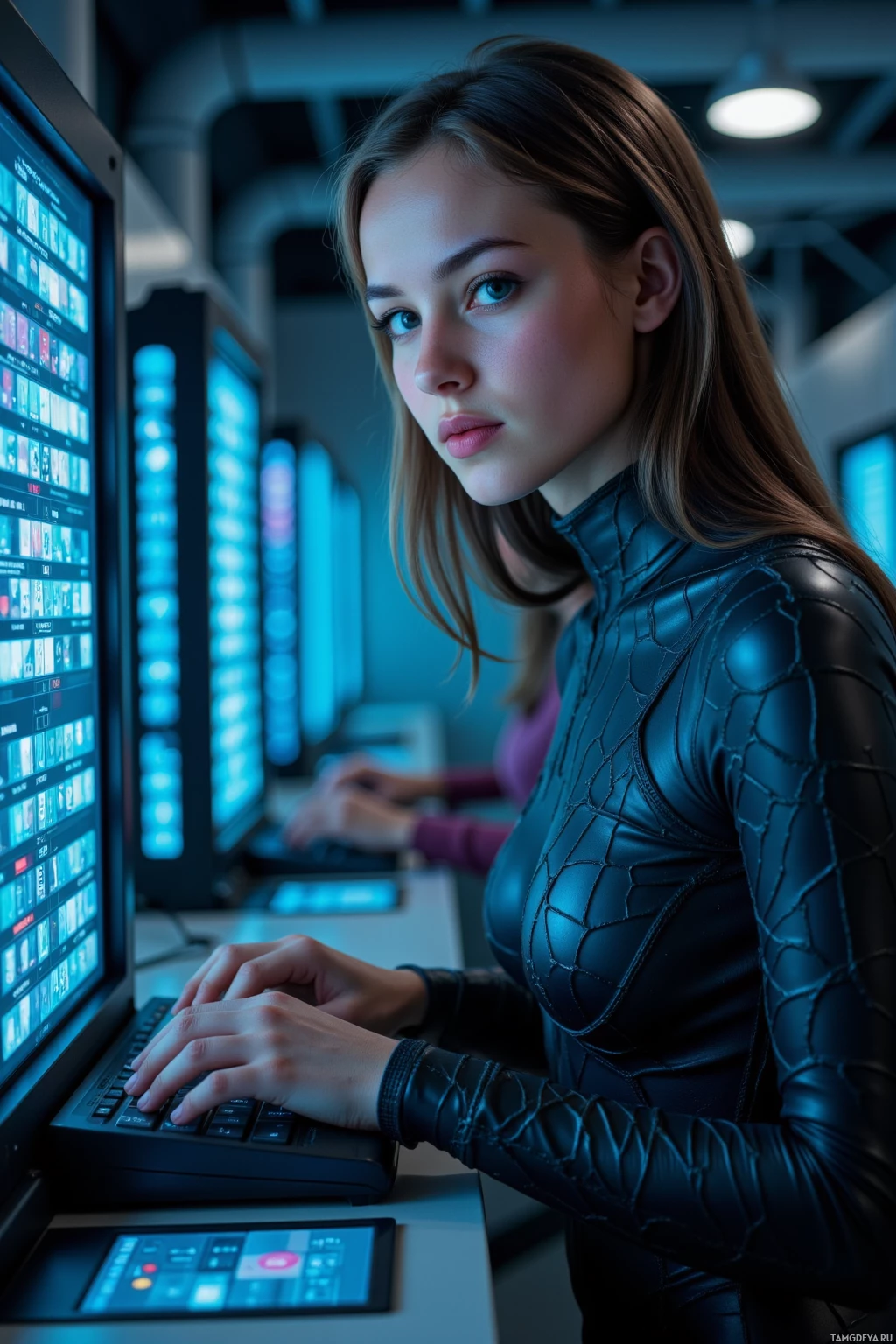 A person in a futuristic setting works on a computer with multiple screens displaying data.