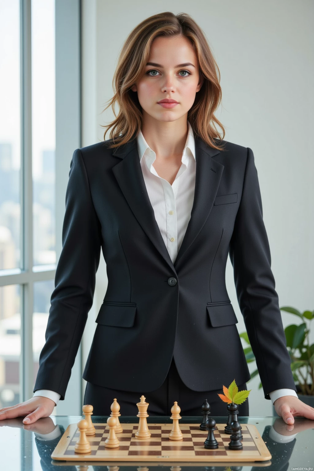 A woman in a business suit stands behind a chessboard in a modern office setting.