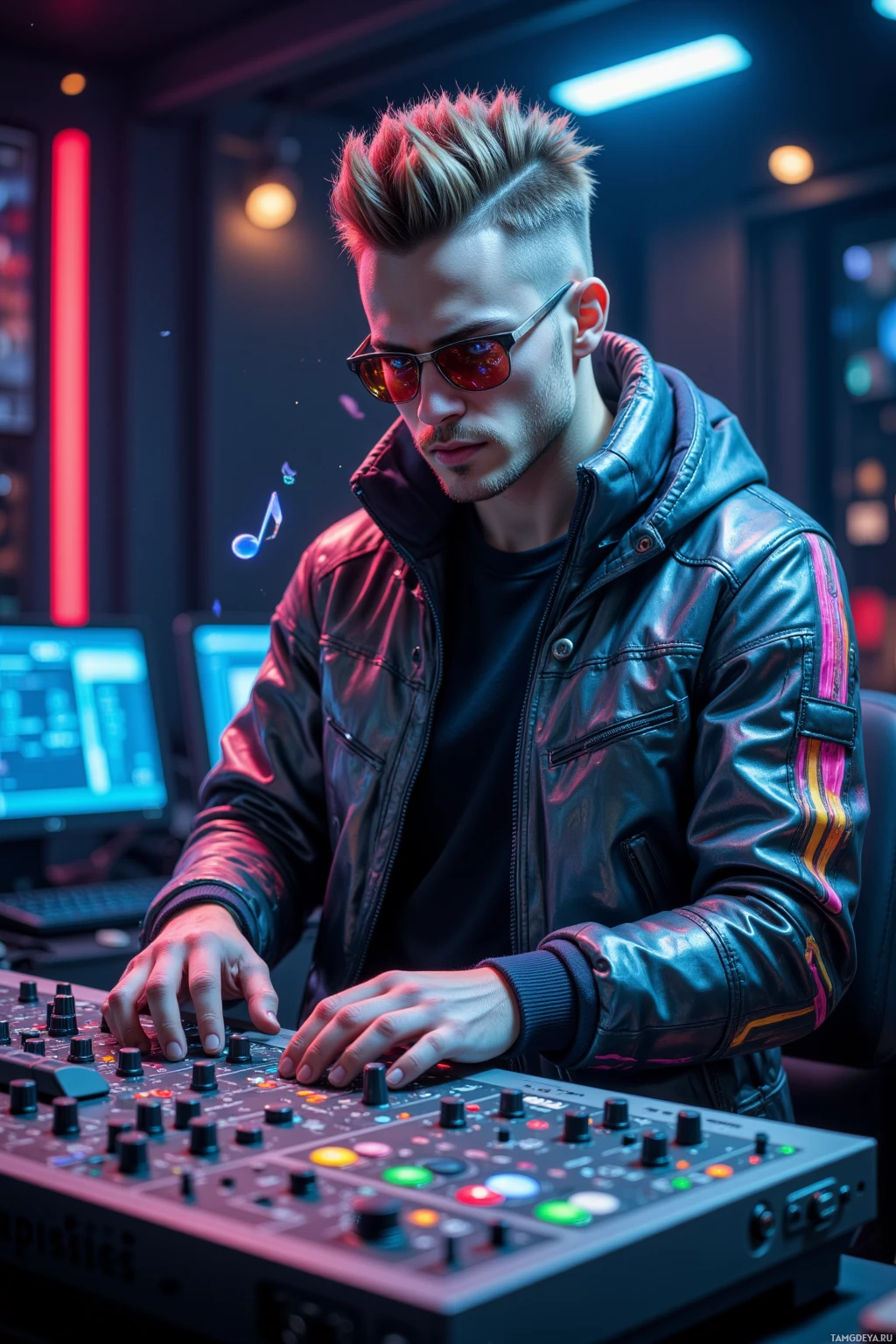 A person in a leather jacket is operating a DJ mixing console in a dimly lit room with colorful lighting.
