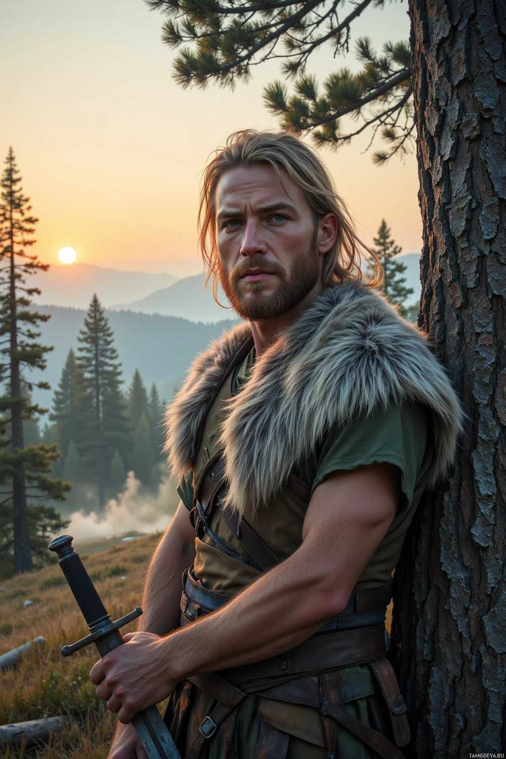 A man in medieval attire stands by a tree, holding a sword, with a scenic sunset in the background.