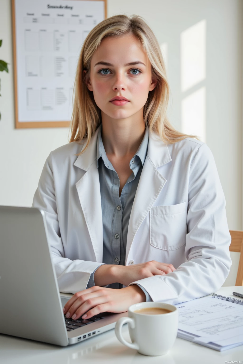 A woman in a white lab coat sits at a desk with a laptop, a cup of coffee, and some papers.