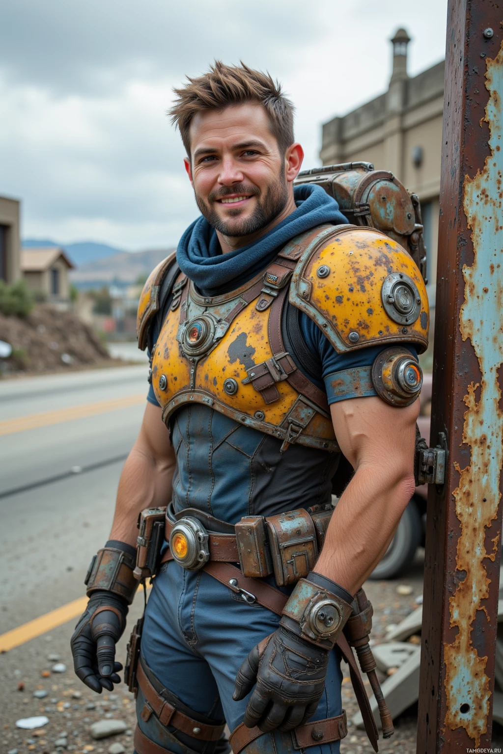 A person in a rugged, post-apocalyptic outfit leans against a rusted metal structure.