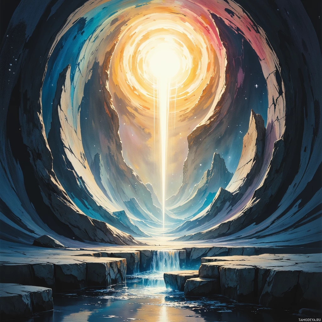 A surreal, glowing portal with a waterfall and rocky terrain.