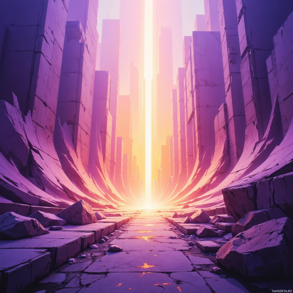 A surreal, futuristic corridor with towering walls and a glowing light at the end.