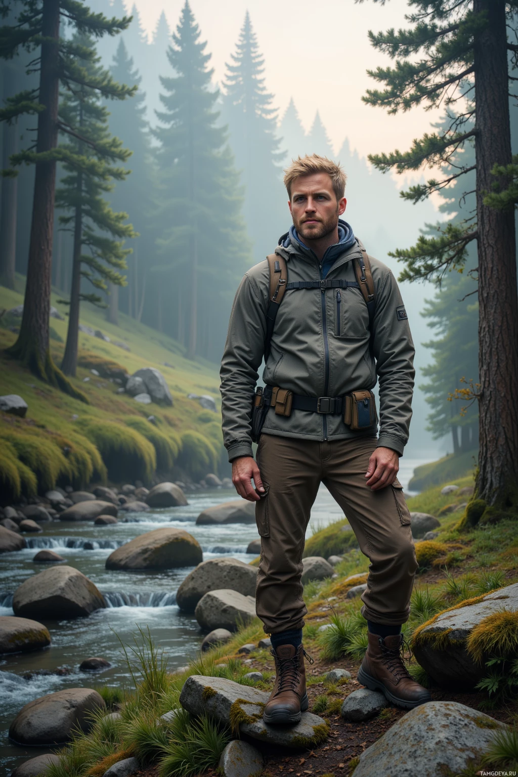 A man stands in a forested area near a river, wearing outdoor gear.