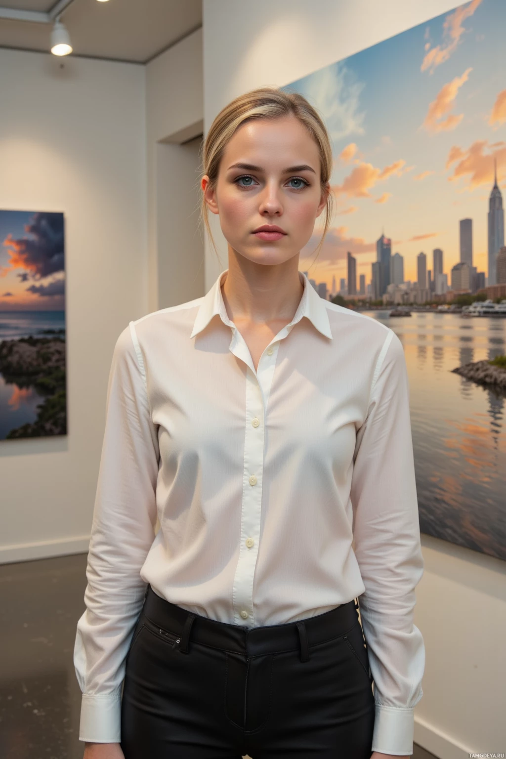 A person stands in front of a cityscape painting, wearing a white shirt and black pants.