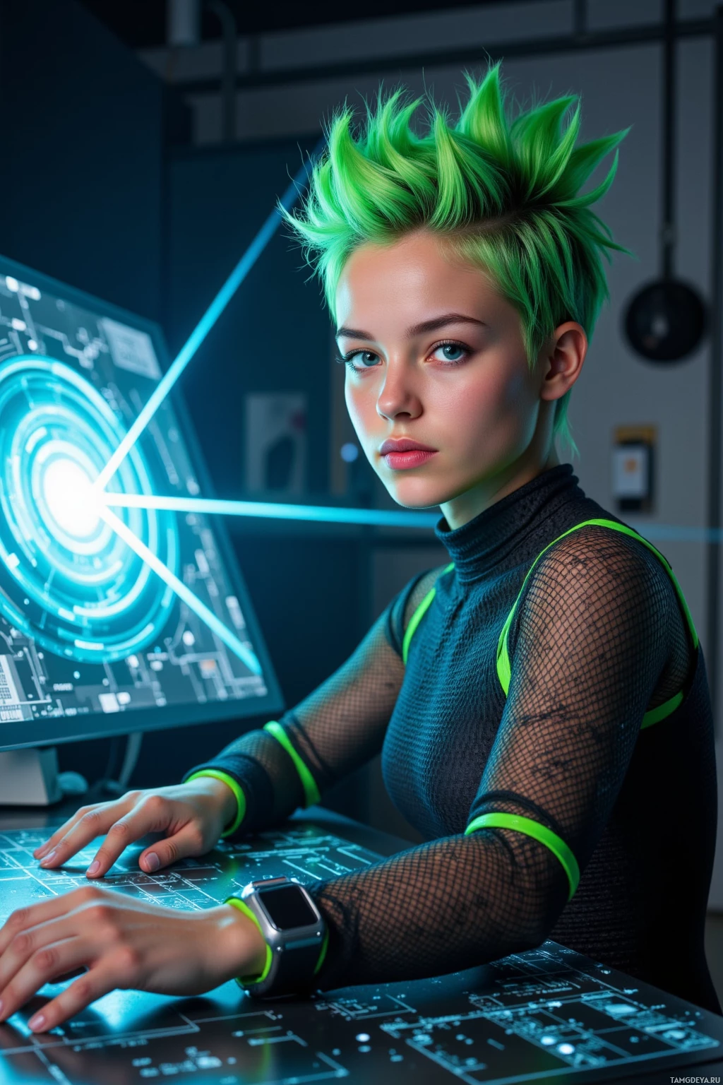 A person with green hair sits at a desk with a futuristic computer setup.