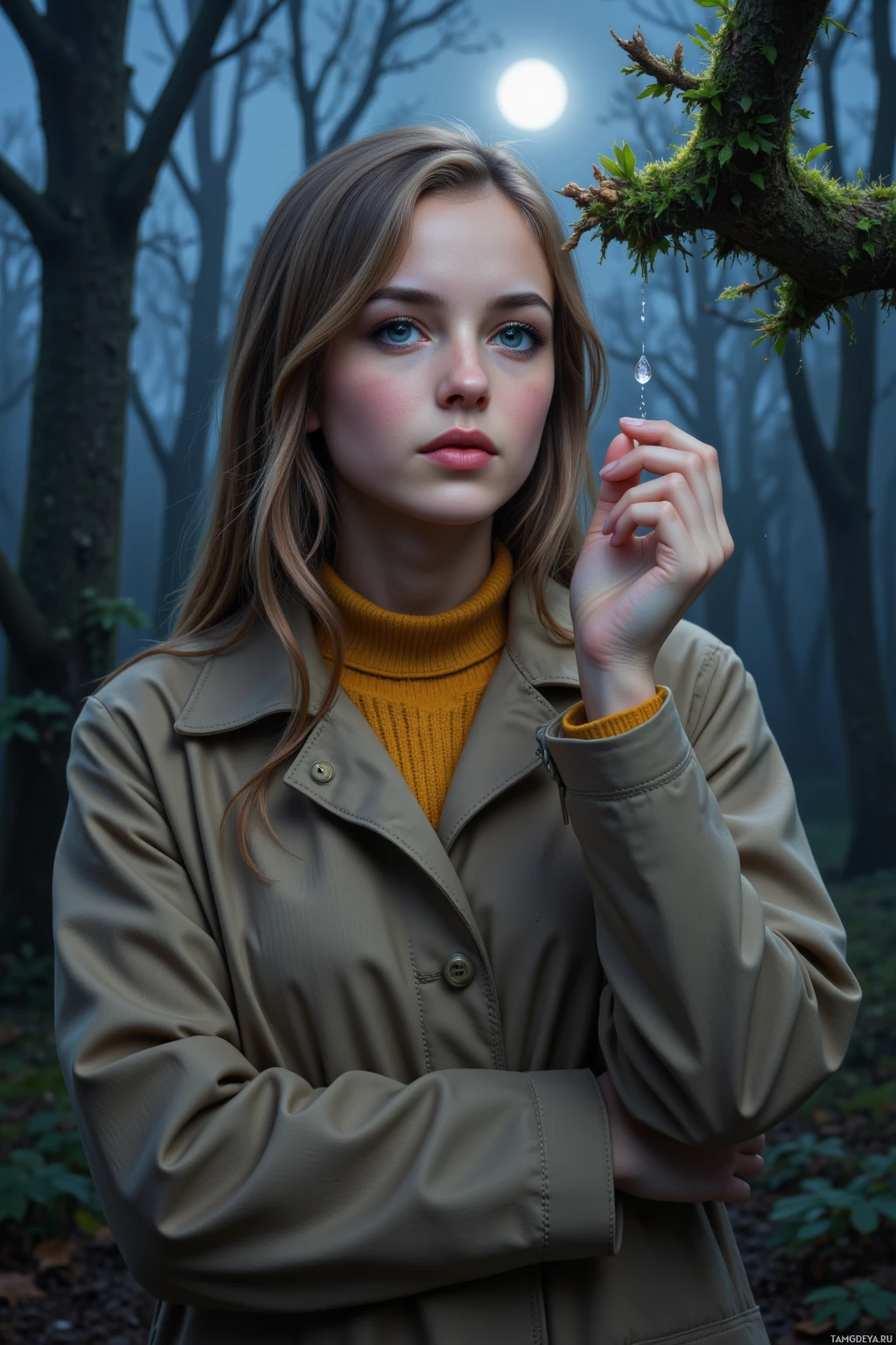 A person in a forest setting, wearing a beige coat and a mustard turtleneck, holding a small object near their face.