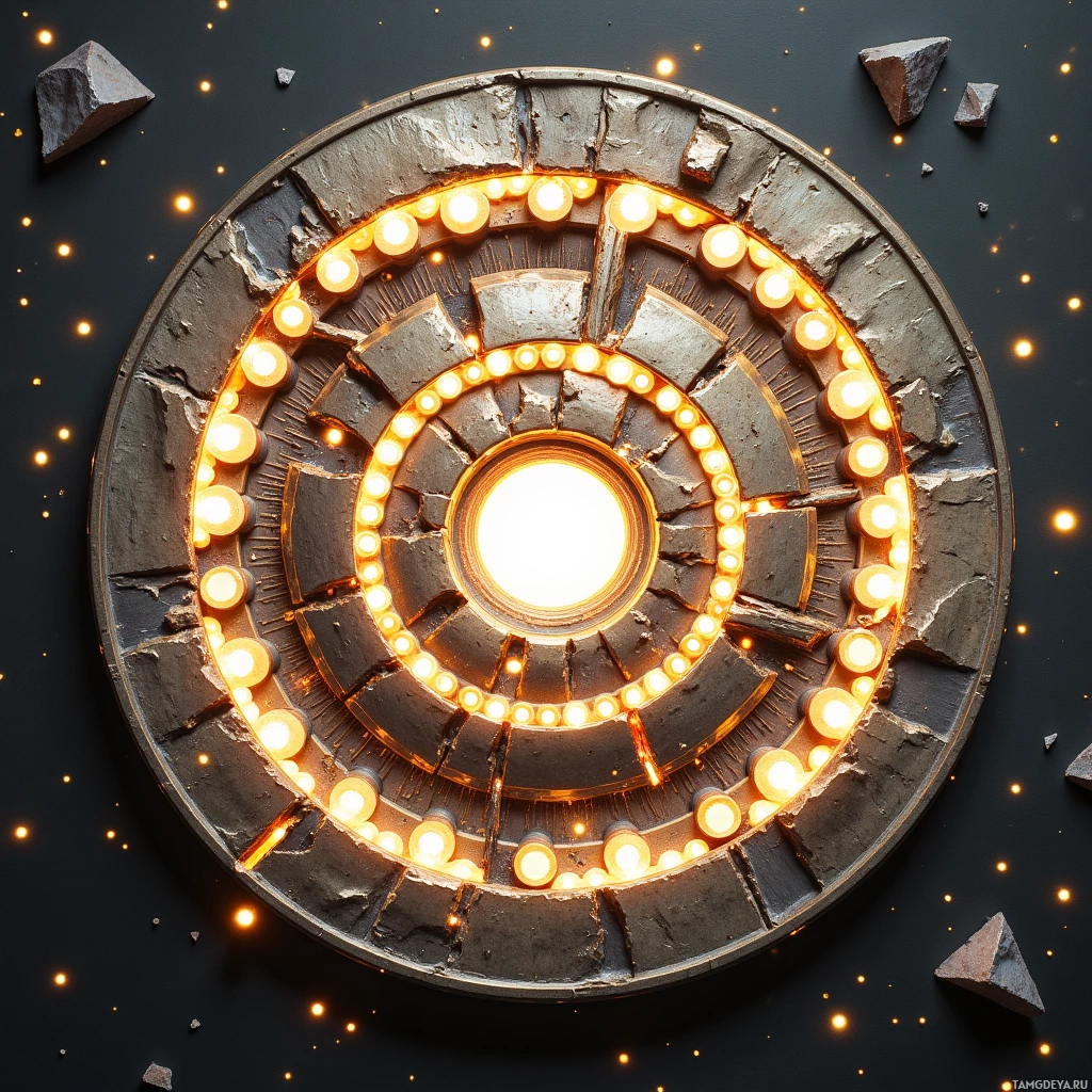 A circular structure with glowing lights and stone-like segments against a dark background.