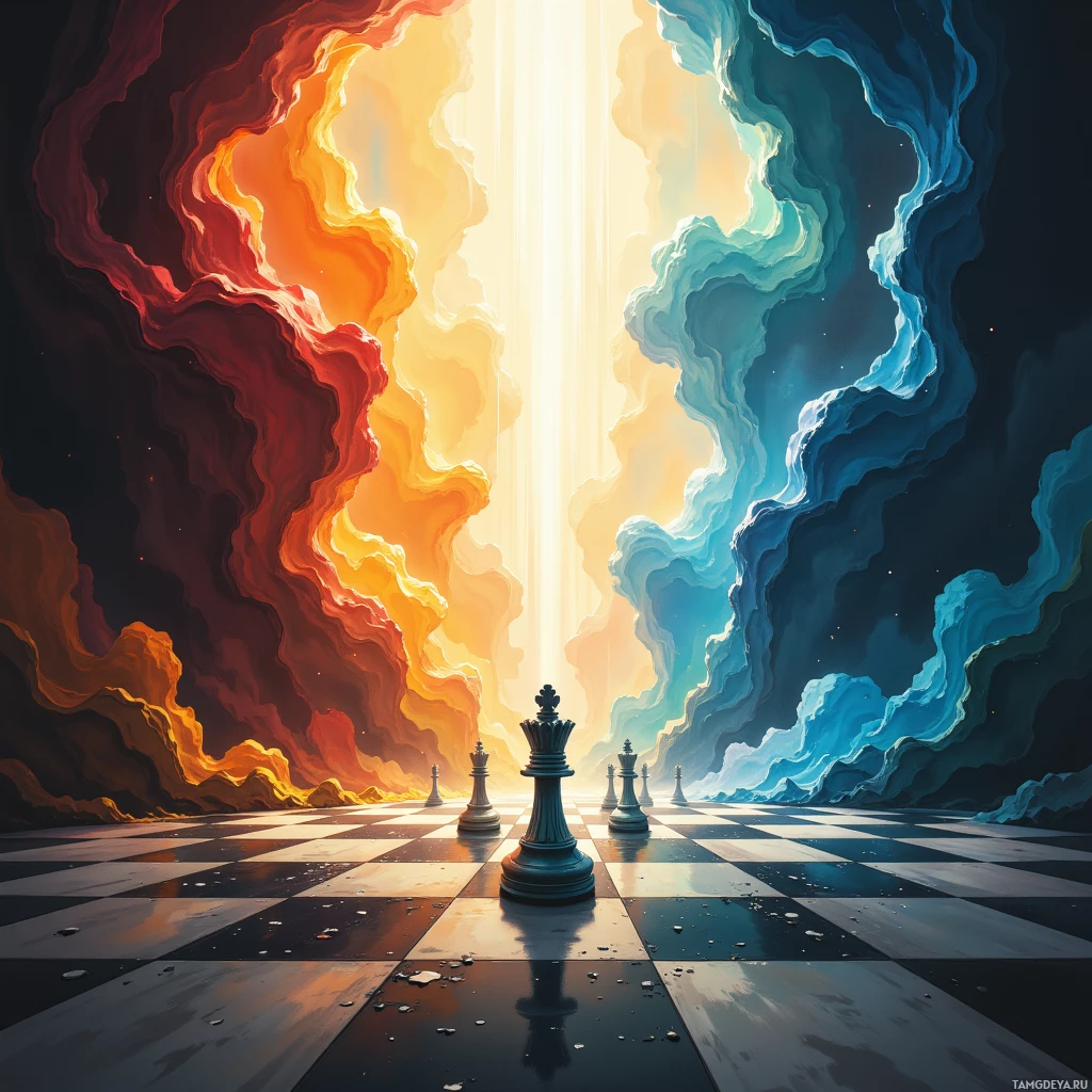 A surreal scene featuring a chessboard with a king piece at the center, flanked by flowing, vibrant clouds in red, yellow, and blue, under a radiant light.