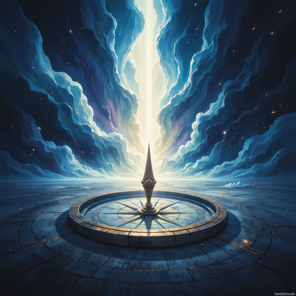 A mystical compass stands at the center of a circular platform, with a radiant light beam piercing through a cosmic sky above.
