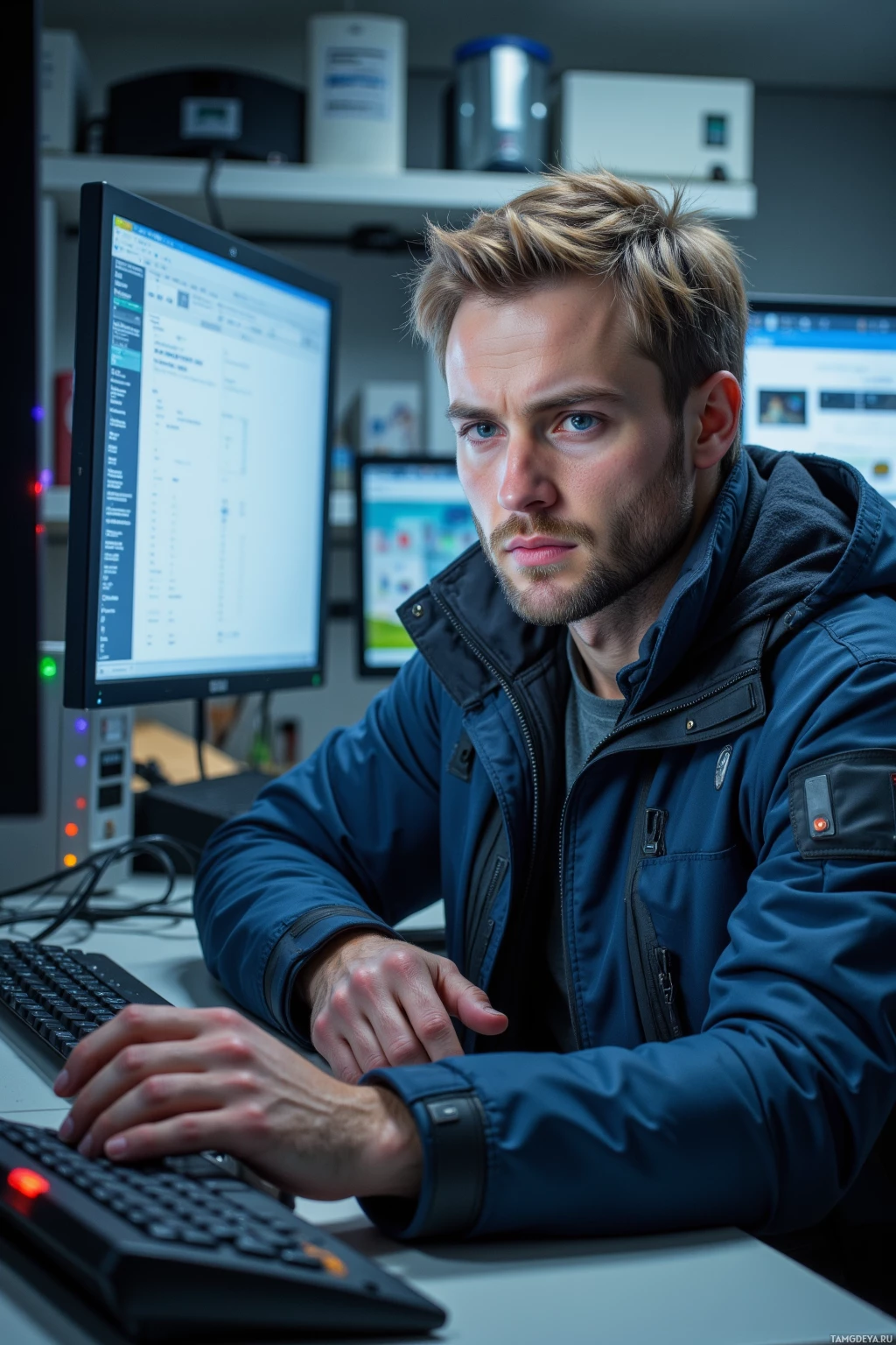 A person in a blue jacket is working at a computer.