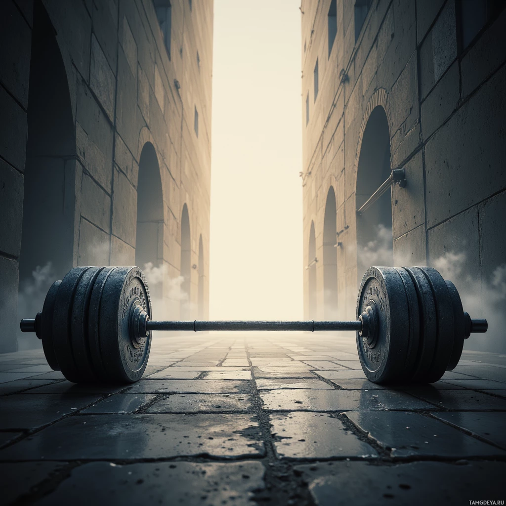 A weightlifting barbell rests on a cobblestone ground in front of a stone building with arched windows.