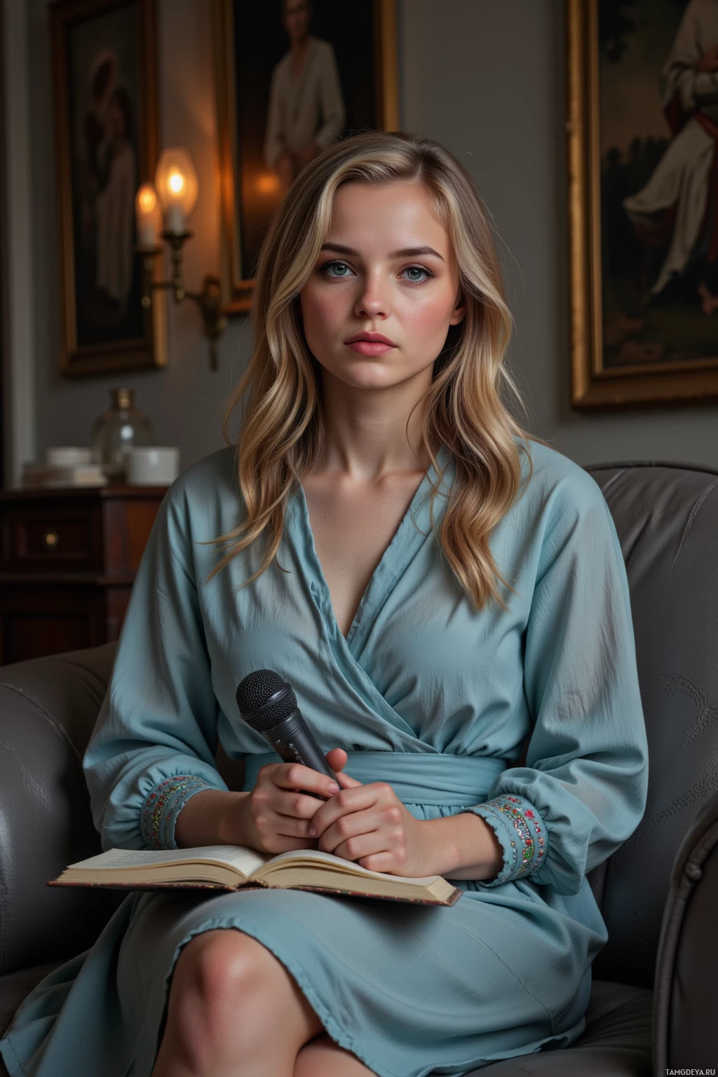 A woman in a light blue dress sits on a couch, holding a microphone and an open book.