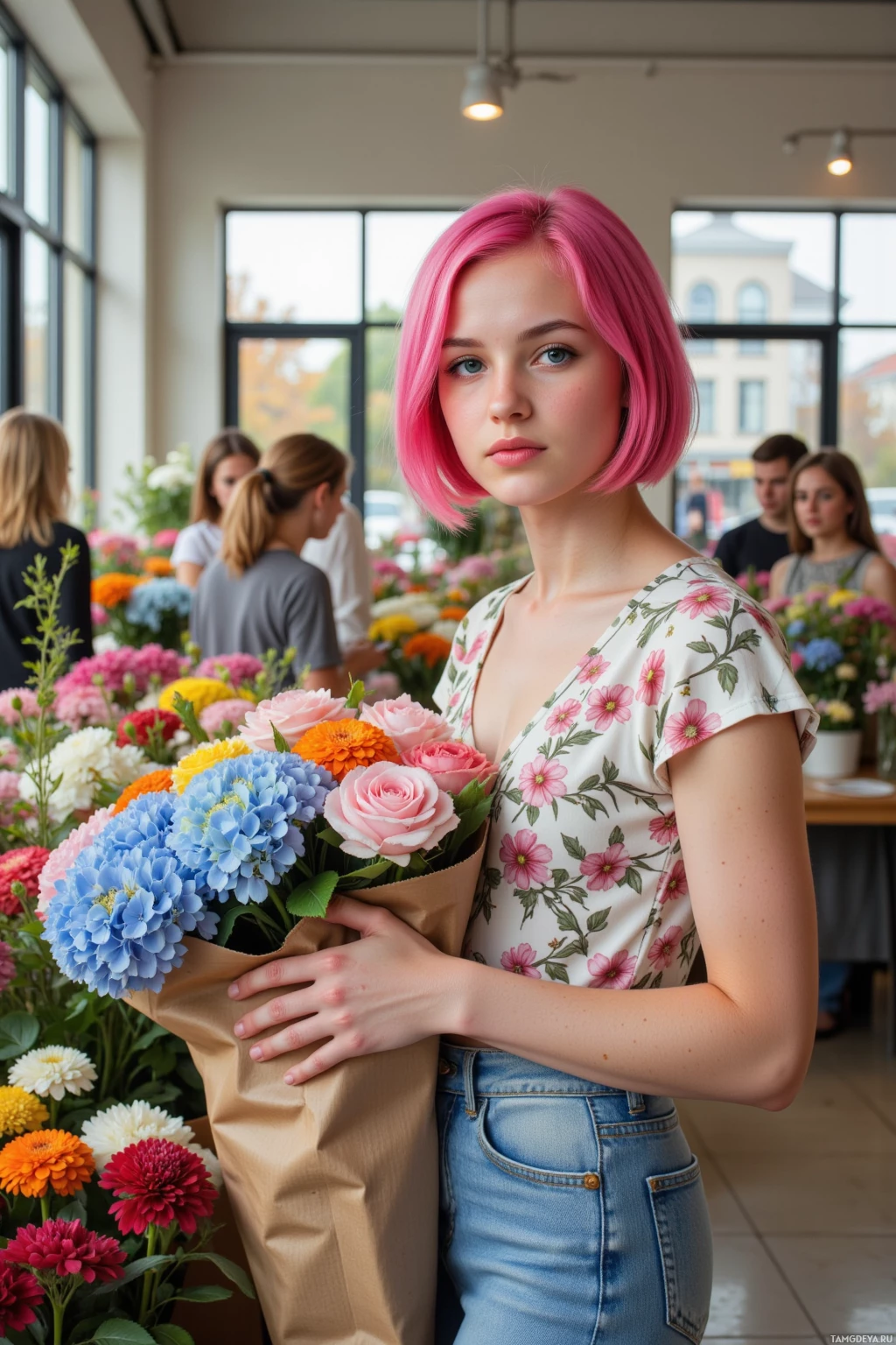 A person with pink hair holds a bouquet of flowers in a flower shop.