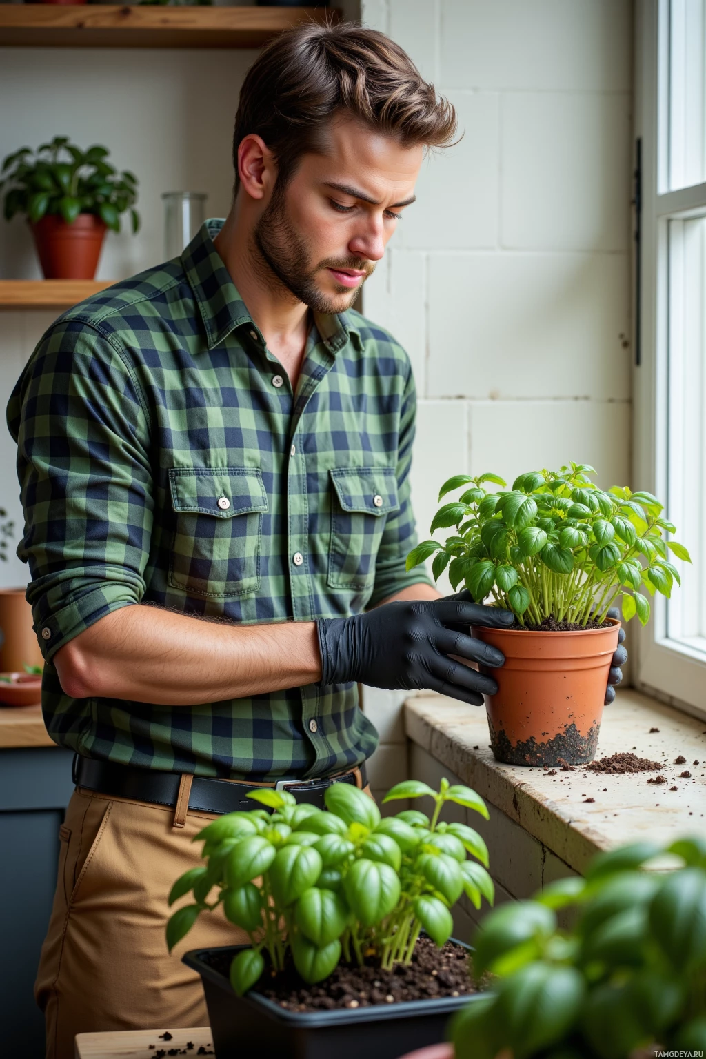 A man in a checkered shirt holds a potted plant, standing near a window.