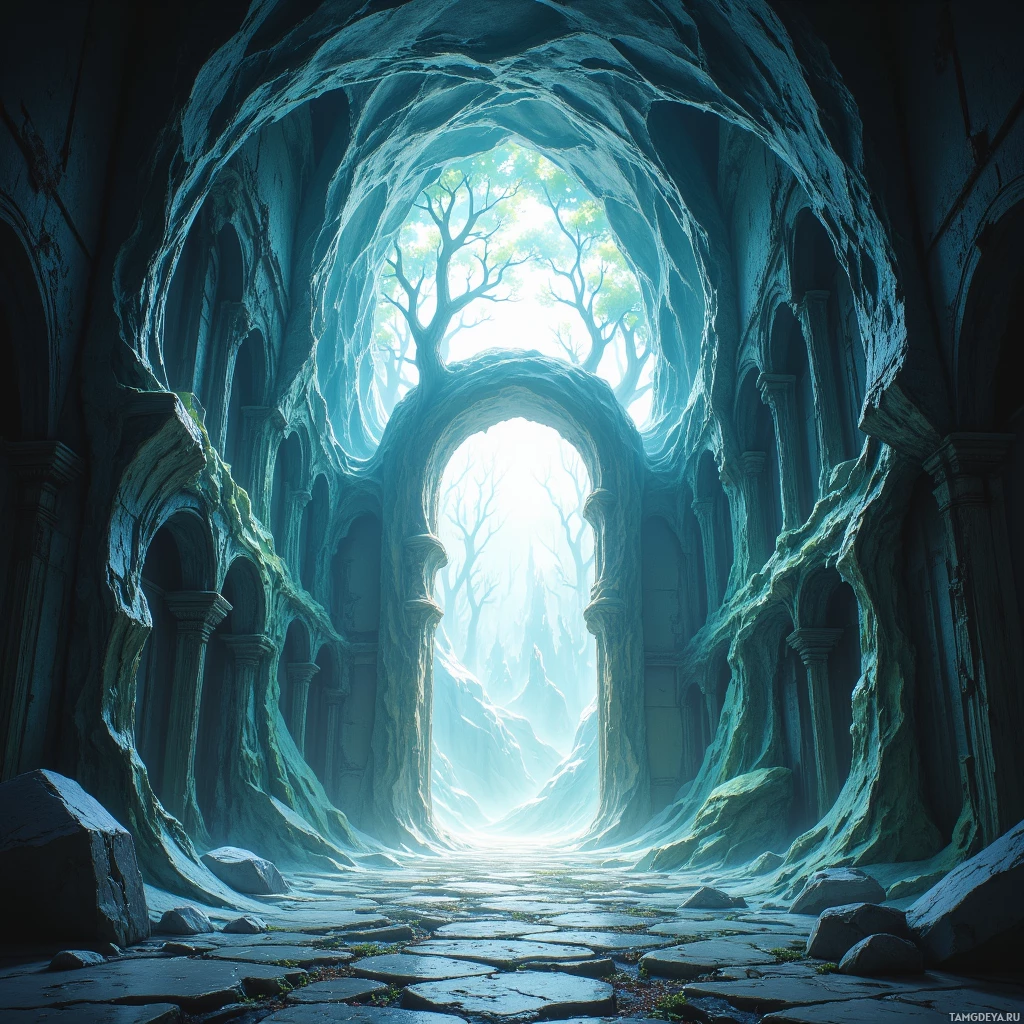 A mystical, ancient stone corridor leading to a bright, tree-filled sky.