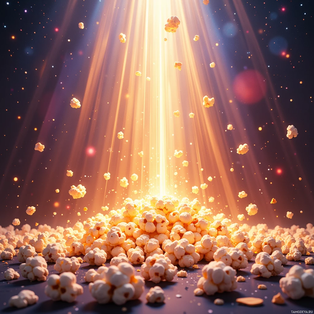 A radiant burst of light illuminates a pile of popcorn against a dark background.