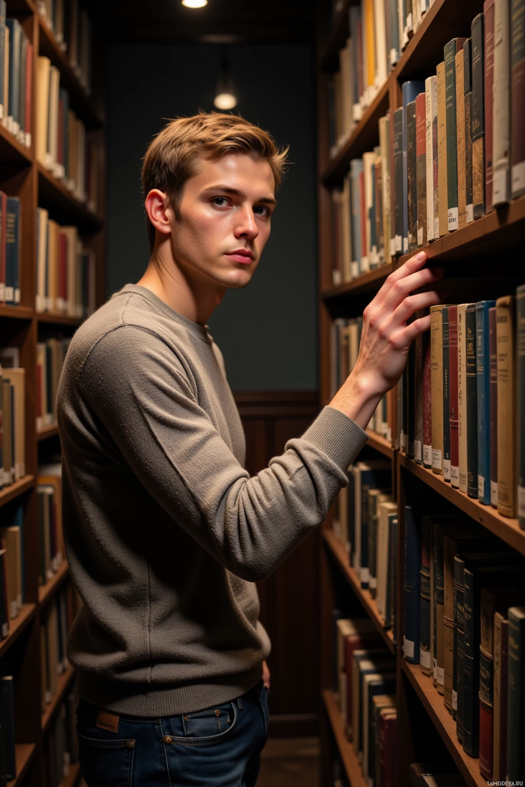 A young man in a library, reaching for a book on a shelf.