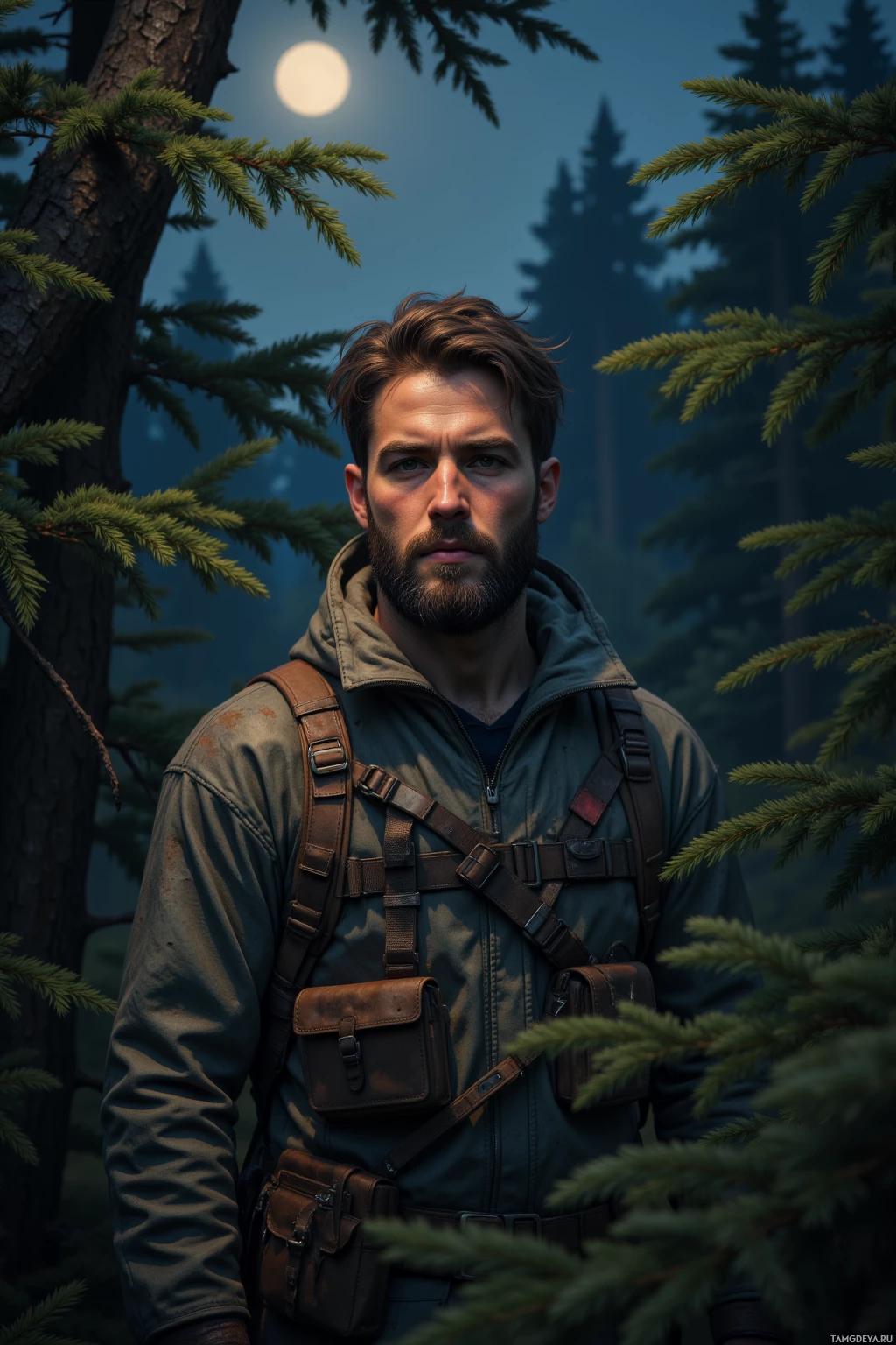 A man in a forest setting, wearing outdoor gear and a backpack, stands amidst trees under a moonlit sky.