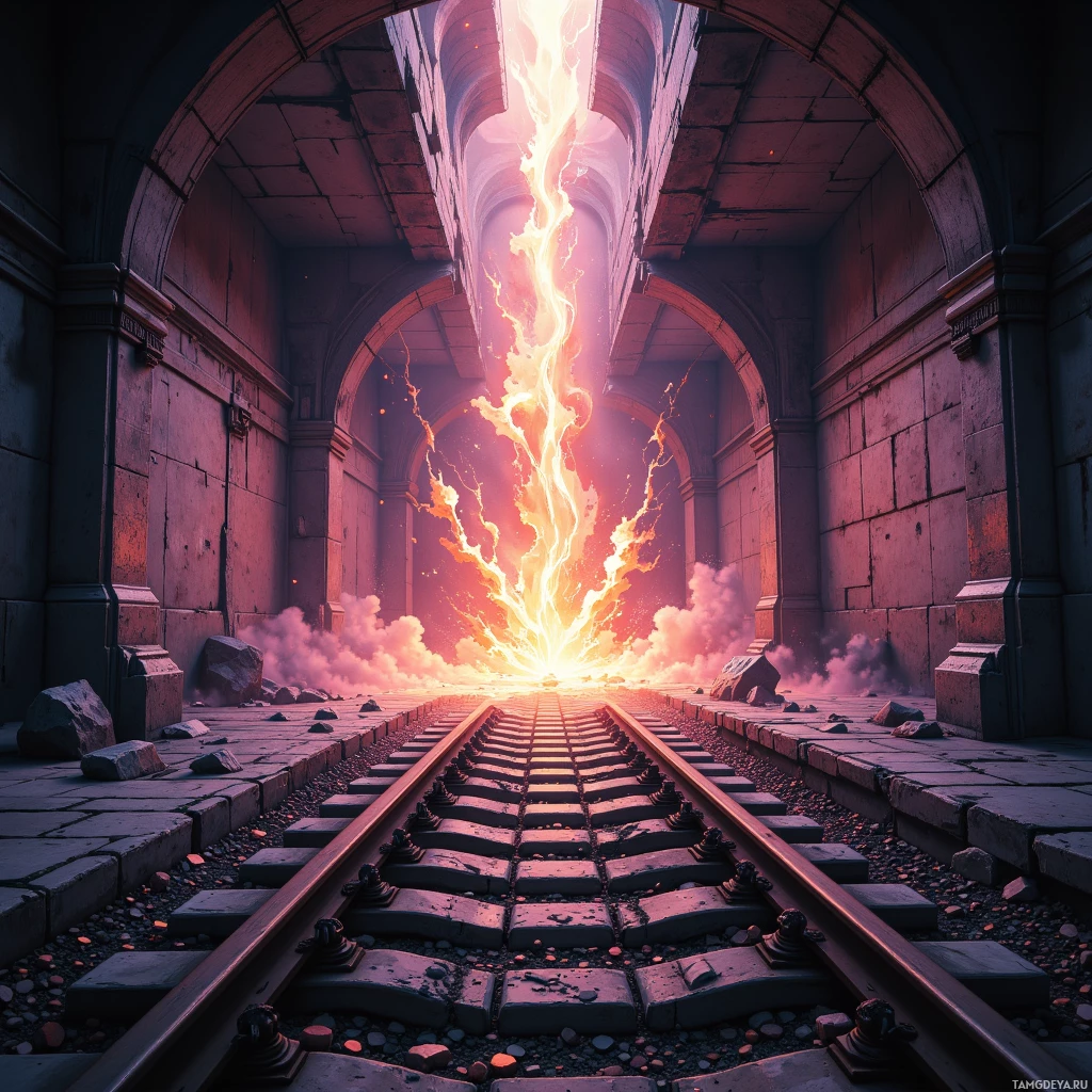 A fiery, glowing light illuminates a railway track leading through an arched stone corridor.