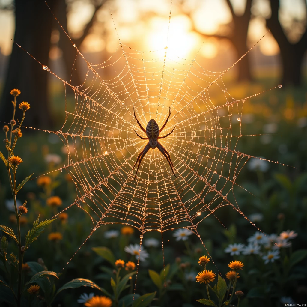 A spider sits at the center of its web, backlit by a warm sunset, surrounded by flowers and greenery.
