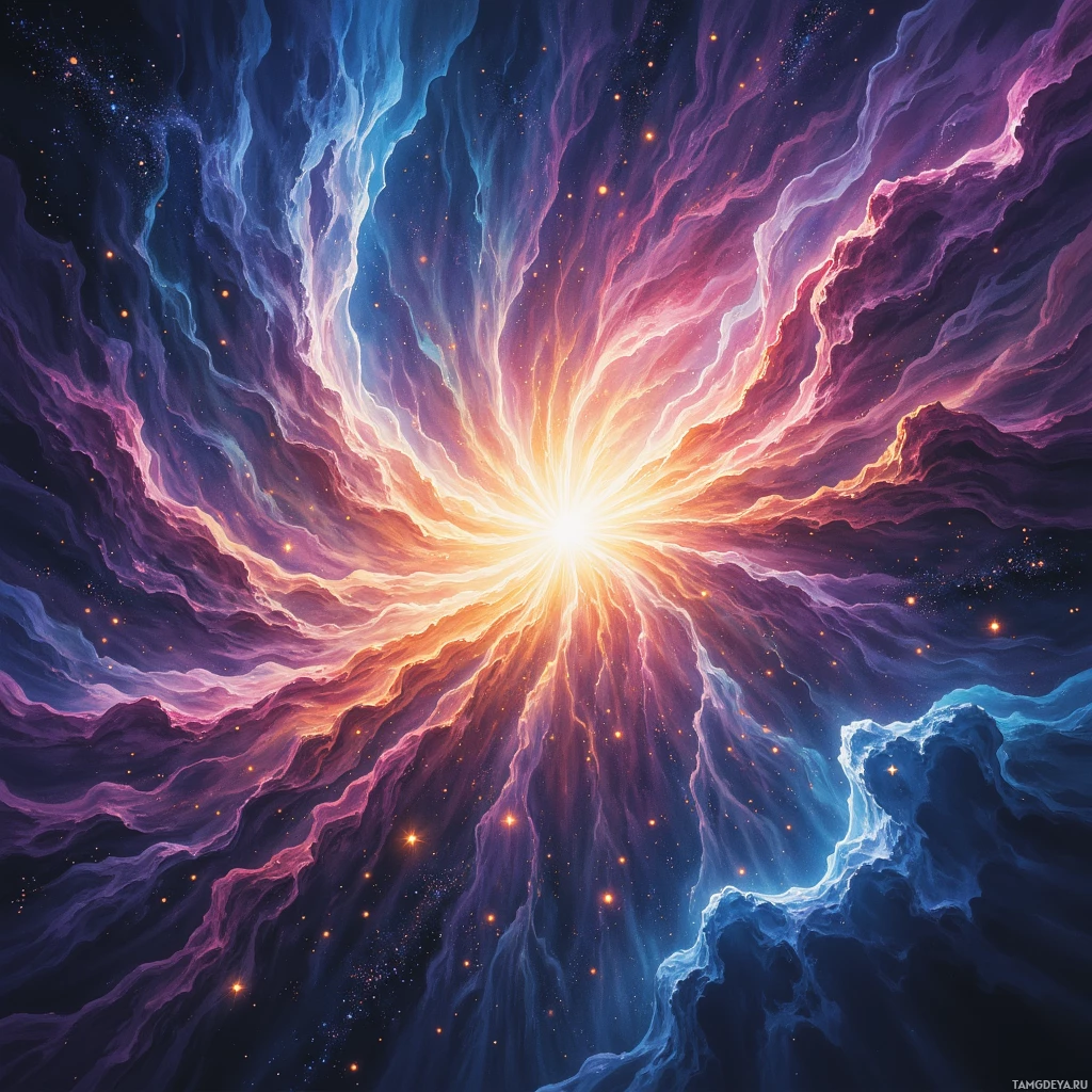 A vibrant cosmic scene with a radiant burst of light at the center, surrounded by swirling nebulae and scattered stars.
