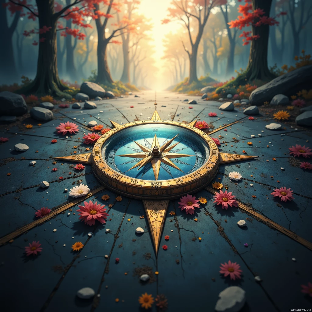 A compass lies on a stone path surrounded by flowers in a forest with a bright light shining through the trees.