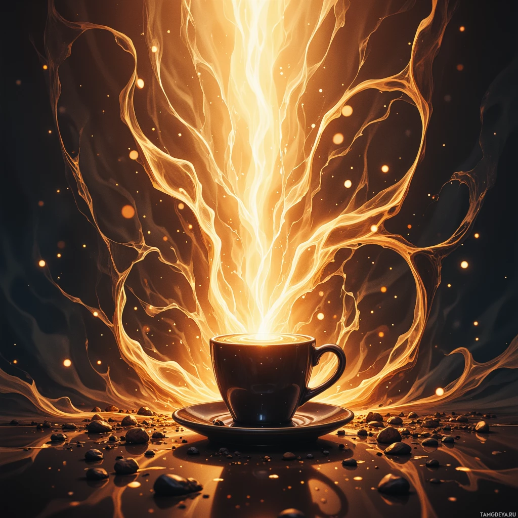 A glowing cup of coffee with radiant energy emanating from it.