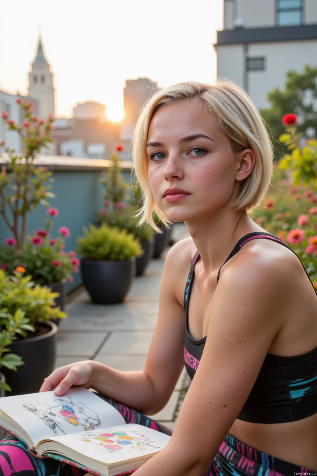 A person in a sports bra and leggings sits outdoors, reading a book with a colorful illustration.